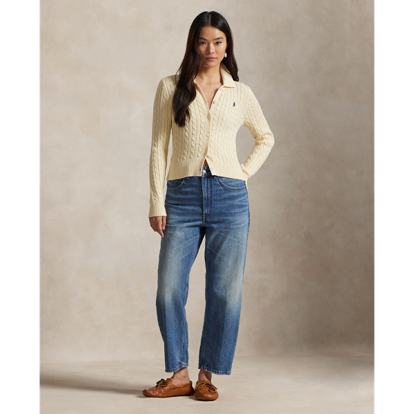 Cable-knit from soft, combed cotton, this buttoned cardigan is designed with a classic Polo collar and adorned with our signature embroidered Pony on the chest.