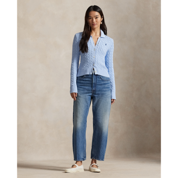 Cable-knit from soft, combed cotton, this buttoned cardigan is designed with a classic Polo collar and adorned with our signature embroidered Pony on the chest.