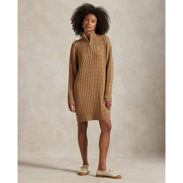 In a relaxed silhouette, this jumper dress is cable-knit with cotton and accented by a half-zip placket. Our signature Pony is embroidered on the chest for pure Polo style.
