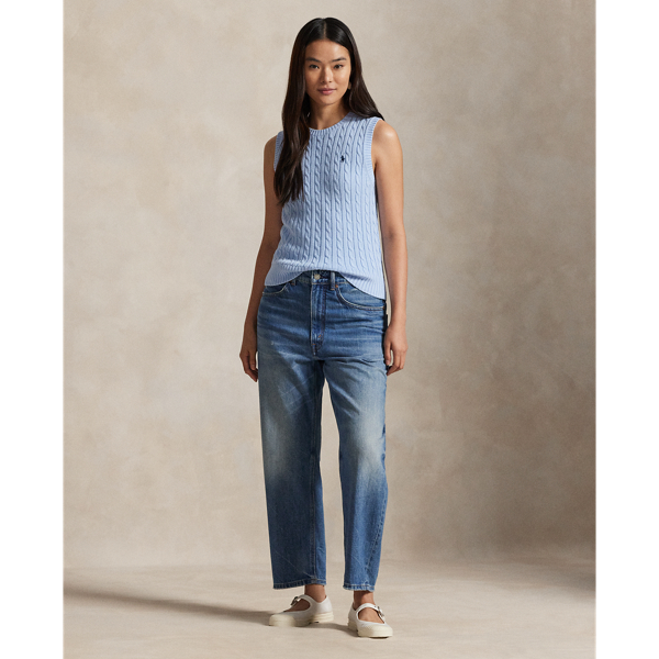 Cable-knit from soft, combed cotton, this classic crewneck sleeveless jumper is adorned with our signature embroidered Pony on the chest.