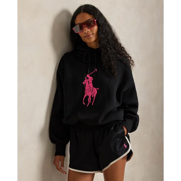 Ralph Lauren Pink Pony Fleece Hoodie In Black