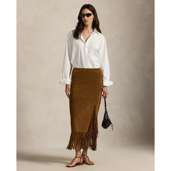 Ralph Lauren Fringe Suede Skirt In Brown