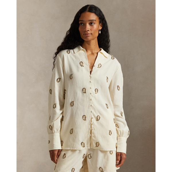 Ralph Lauren Beaded Paisley Top In Neutral