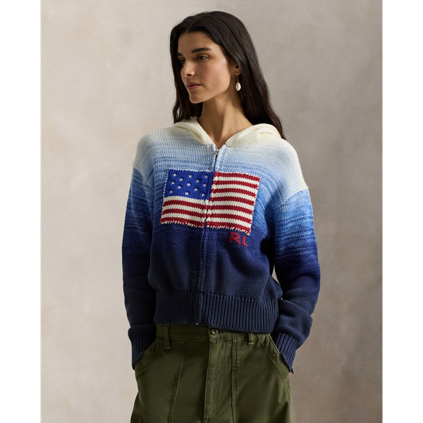 Ralph Lauren Flag Ombré Cotton Zip Hoodie In White/royal Blue In Multi