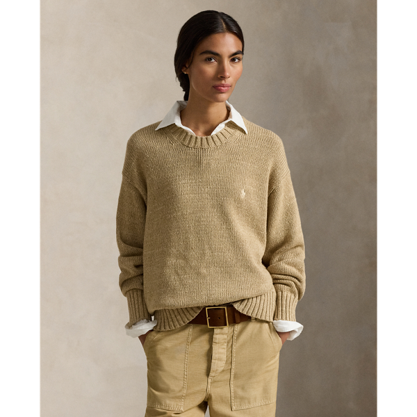 Ralph Lauren Logo Cotton Crewneck Sweater In Brown