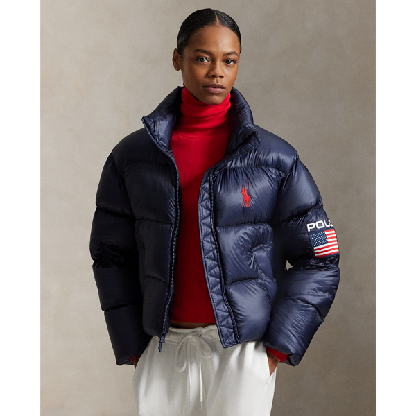 Ralph Lauren Flag Mid-weight Down Puffer Jacket In Blue