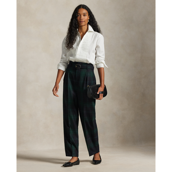 Ralph Lauren Belted Plaid Wool Pleated Tapered Pant In Green