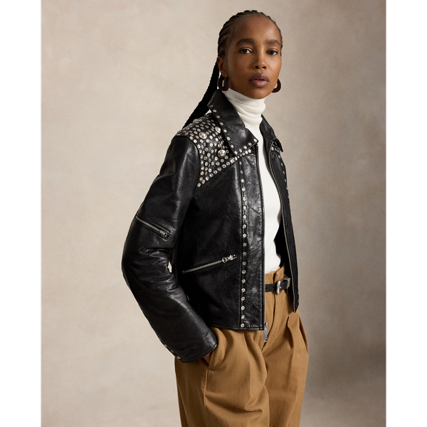 Polo Ralph Lauren Studded Leather Moto Jacket In Black