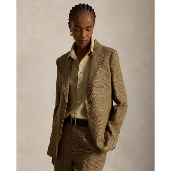 Single-Breasted Plaid Linen Tweed Blazer