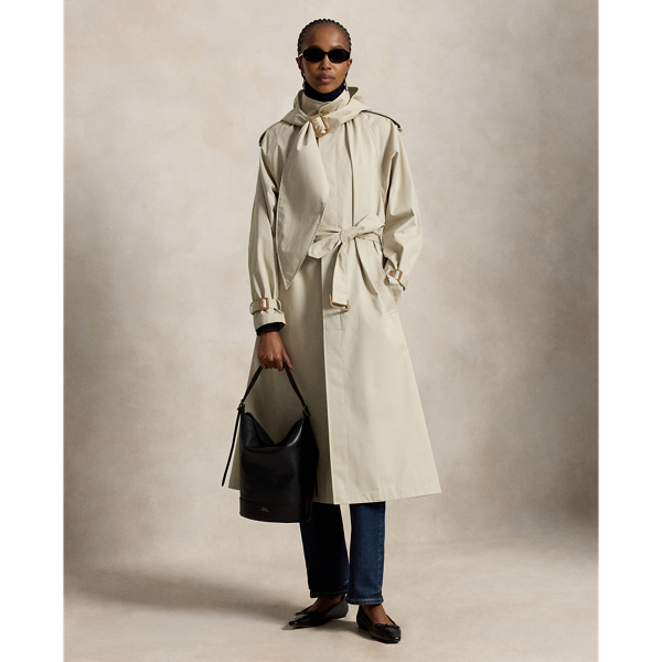 Buckled-Scarf Hooded Trench Coat