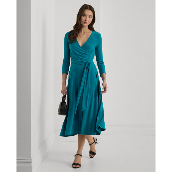Ralph Lauren Surplice Jersey Dress In Turquoise Sky