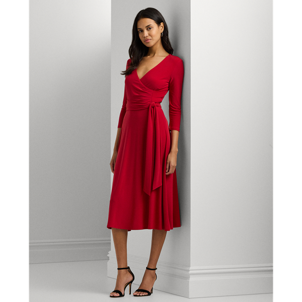 Ralph Lauren Women's Self-belt Three-quarter Sleeve Surplice Jersey Dress In Festive Red