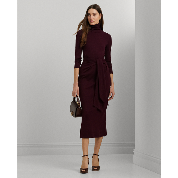 Ralph Lauren Tie-front Turtleneck Dress In Pinot Noir