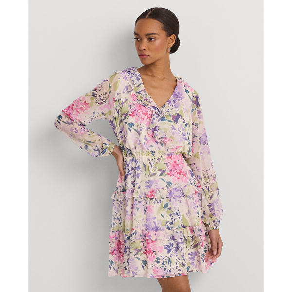 Shop Lauren Ralph Lauren Floral Crinkle Georgette Surplice Dress In Cream Multi