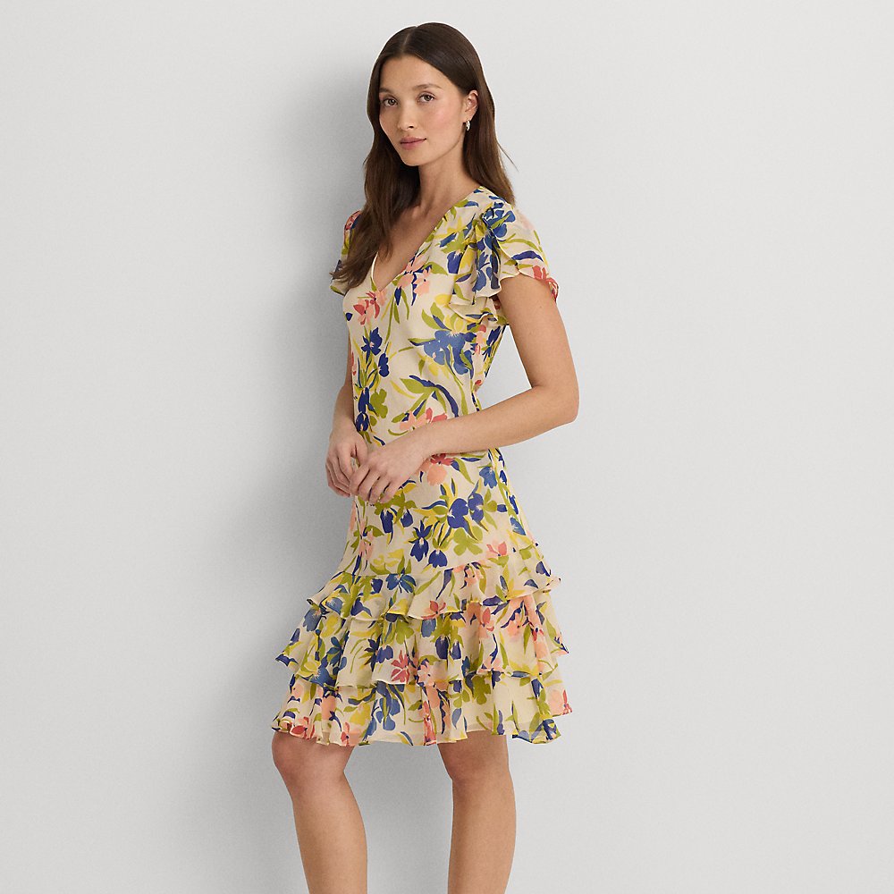 Lauren Ralph Lauren Floral Georgette Drop-waist Dress In Cream/blue Multi
