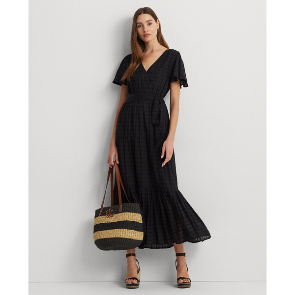 Shop Lauren Ralph Lauren Shadow-gingham Belted Cotton-blend Dress In Black