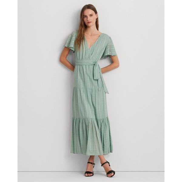 Shop Lauren Ralph Lauren Shadow-gingham Belted Cotton-blend Dress In Soft Laurel