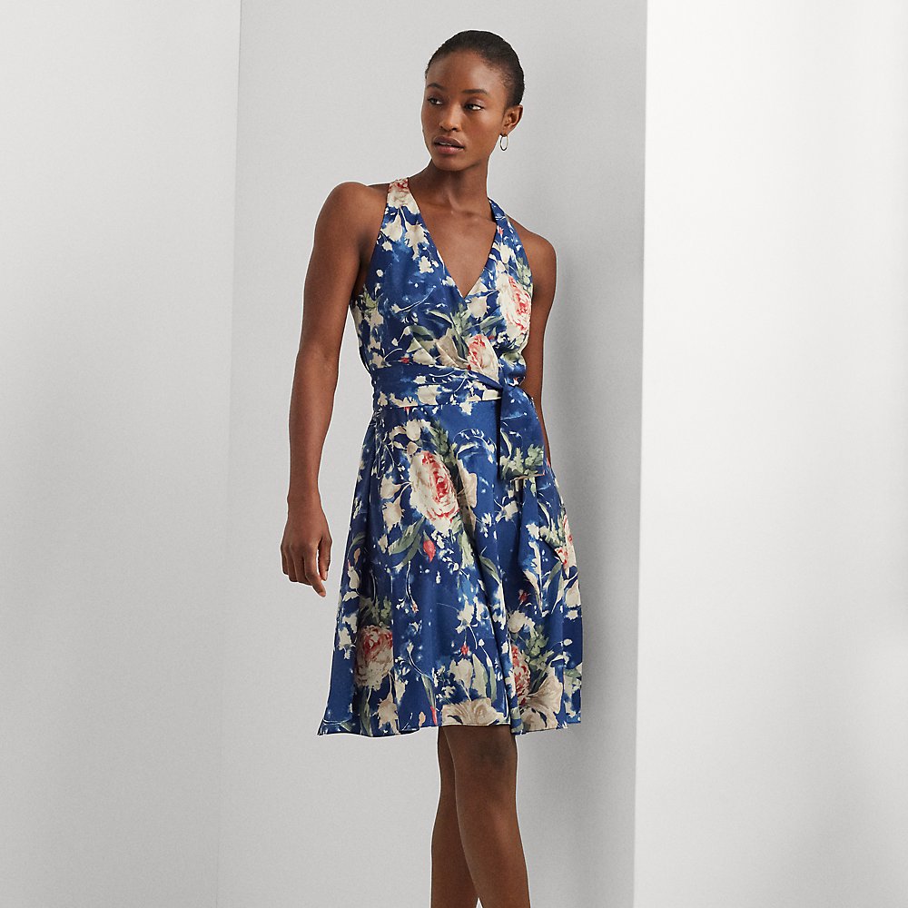 Shop Lauren Ralph Lauren Floral Belted Crepe Sleeveless Dress In Blue Multi