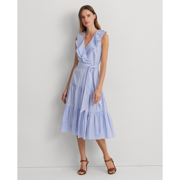 Shop Lauren Ralph Lauren Striped Cotton Broadcloth Surplice Dress In Blue/white