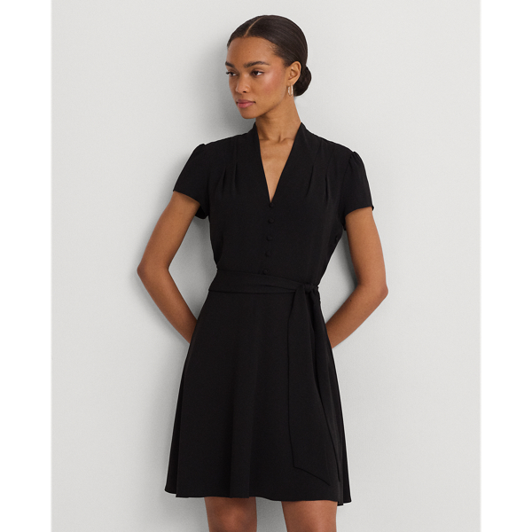 Lauren Ralph Lauren Belted Georgette Short-sleeve Dress In Black