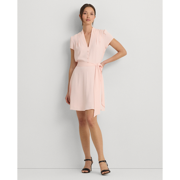 Shop Lauren Ralph Lauren Belted Georgette Short-sleeve Dress In Pink Opal