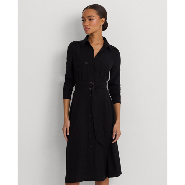 Shop Lauren Ralph Lauren Belted Double-faced Georgette Shirtdress In Black
