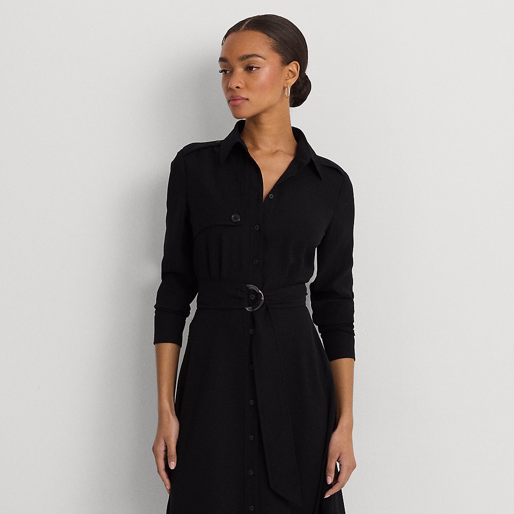 Shop Lauren Ralph Lauren Belted Double-faced Georgette Shirtdress In Black