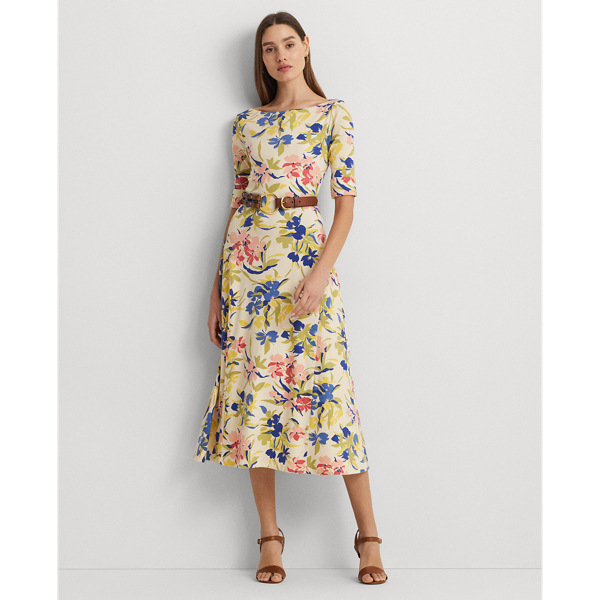 Shop Lauren Ralph Lauren Floral Stretch Cotton Midi Dress In Cream/blue Multi