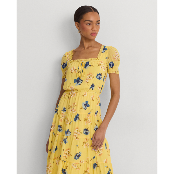 Lauren Ralph Lauren Floral Georgette Puff-sleeve Midi Dress In Yellow Multi