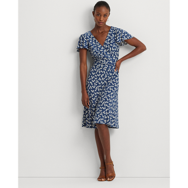 Lauren Ralph Lauren Floral Stretch Jersey Surplice Dress In Blue/cream