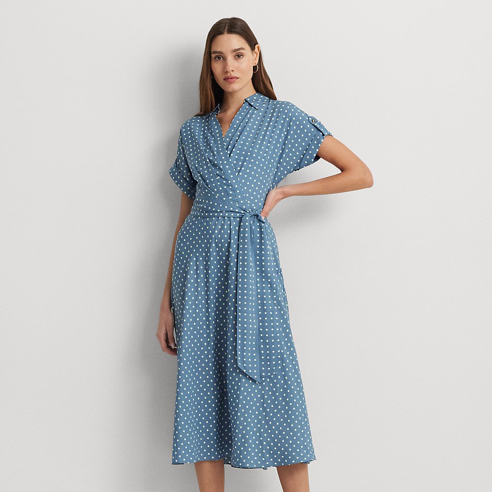 Shop Lauren Ralph Lauren Polka-dot Belted Crepe Dress In Blue/cream