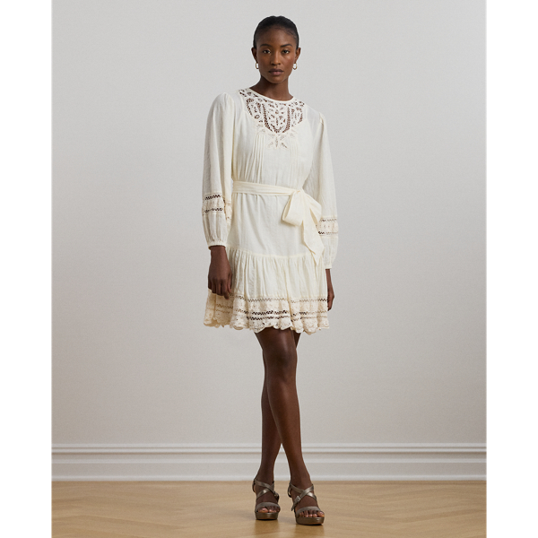 Ralph Lauren Lace-trim Belted Cotton Voile Dress In Mascarpone Cream