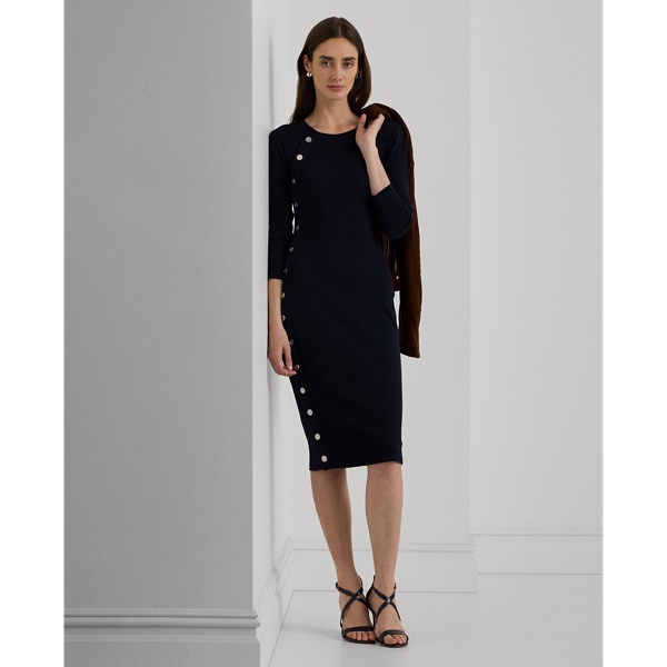 Ralph Lauren Button-trim Rib-knit Cotton-blend Dress In Lauren Navy