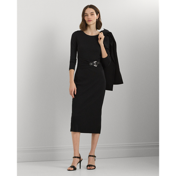 Laurèn Buckle-trim Cotton-blend Knit Midi Dress In Black