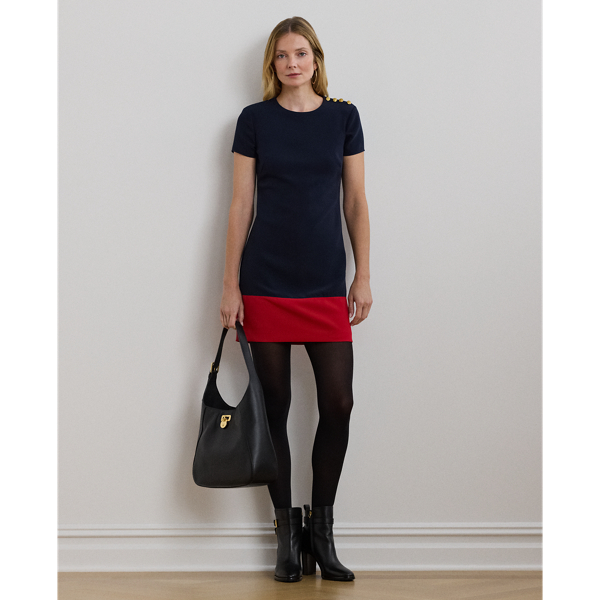RALPH LAUREN TWO-TONE BUTTON-TRIM CREPE SHIFT DRESS 