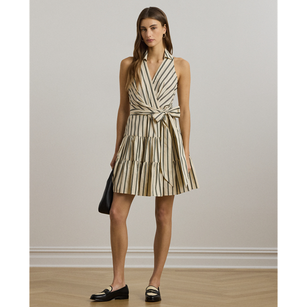 Ralph Lauren Striped Cotton Sleeveless Surplice Dress In Ivory Beige/black