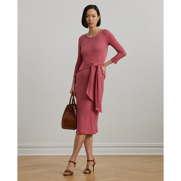 Shop Ralph Lauren Tie-front Cotton-blend Crewneck Dress In Slate Rose