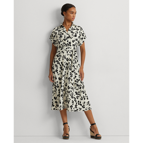 Shop Lauren Petite Leaf-print Belted Crepe Dress In Cream/black