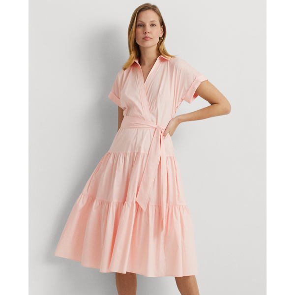 Shop Lauren Petite Belted Cotton-blend Tiered Dress In Pink Opal