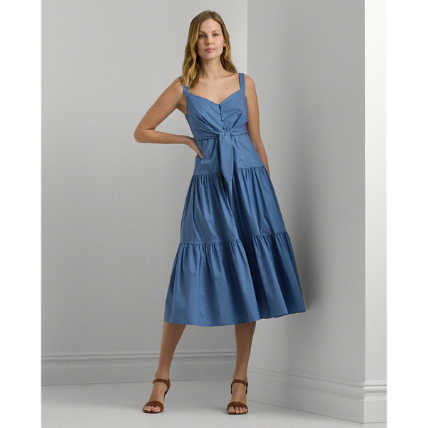 Lauren Petite Cotton-blend Tie-front Tiered Dress In Pale Azure