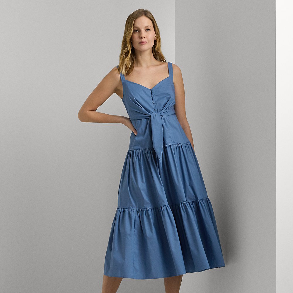 Lauren Petite Cotton-blend Tie-front Tiered Dress In Pale Azure