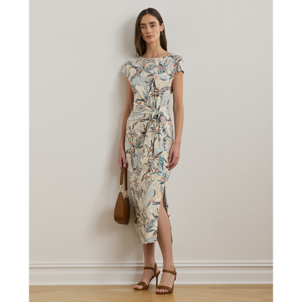 Lauren Petite Tie-front Print Boatneck Midi Dress In Cream Multi