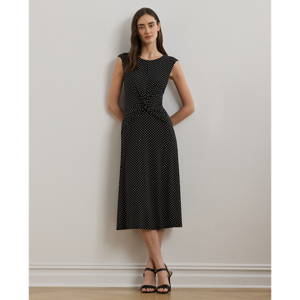 Lauren Petite Polka-dot Twist-front Jersey Dress In Black/cream