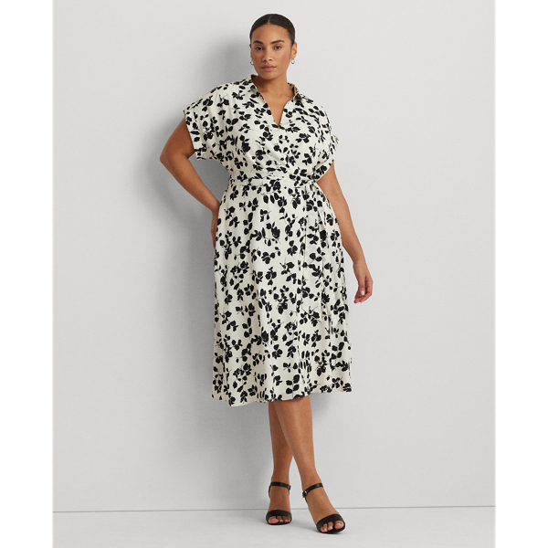 Shop Lauren Woman Leaf-print Belted Crepe Dress In Cream/black