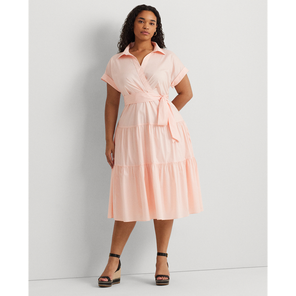Shop Lauren Woman Belted Cotton-blend Tiered Dress In Pink Opal