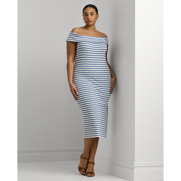 Shop Lauren Woman Striped Off-the-shoulder Midi Dress In White/pale Azure