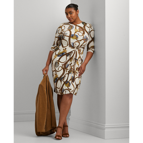 Lauren Woman Belting-print Twist-front Jersey Dress In Cream Multi