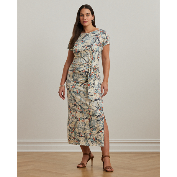 Shop Lauren Woman Tie-front Print Boatneck Midi Dress In Cream Multi