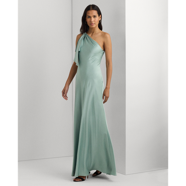 Shop Lauren Ralph Lauren Satin Charmeuse One-shoulder Gown In Soft Laurel