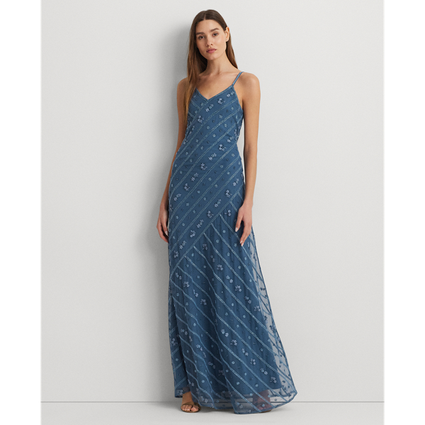 Shop Lauren Ralph Lauren Beaded Mesh Sleeveless Gown In Indigo Dusk